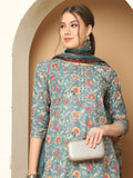 Sea Green Cotton Blend Printed Readymade Patiala Salwar Suit