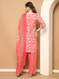 Peach & White Cotton Blend Printed Readymade Patiala Salwar Suit