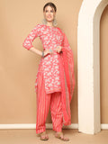 Peach & White Cotton Blend Printed Readymade Patiala Salwar Suit