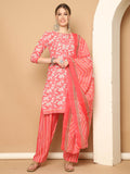 Peach & White Cotton Blend Printed Readymade Patiala Salwar Suit