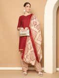 Maroon Cotton Blend Printed Readymade Patiala Salwar Suit
