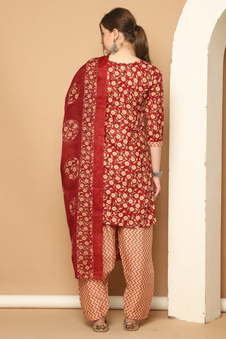 Maroon & Beige Cotton Blend Printed Readymade Patiala Salwar Suit