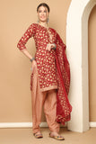 Maroon & Beige Cotton Blend Printed Readymade Patiala Salwar Suit