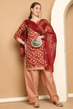 Maroon & Beige Cotton Blend Printed Readymade Patiala Salwar Suit