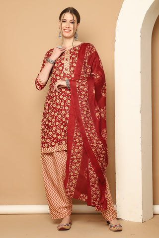 Maroon & Beige Cotton Blend Printed Readymade Patiala Salwar Suit