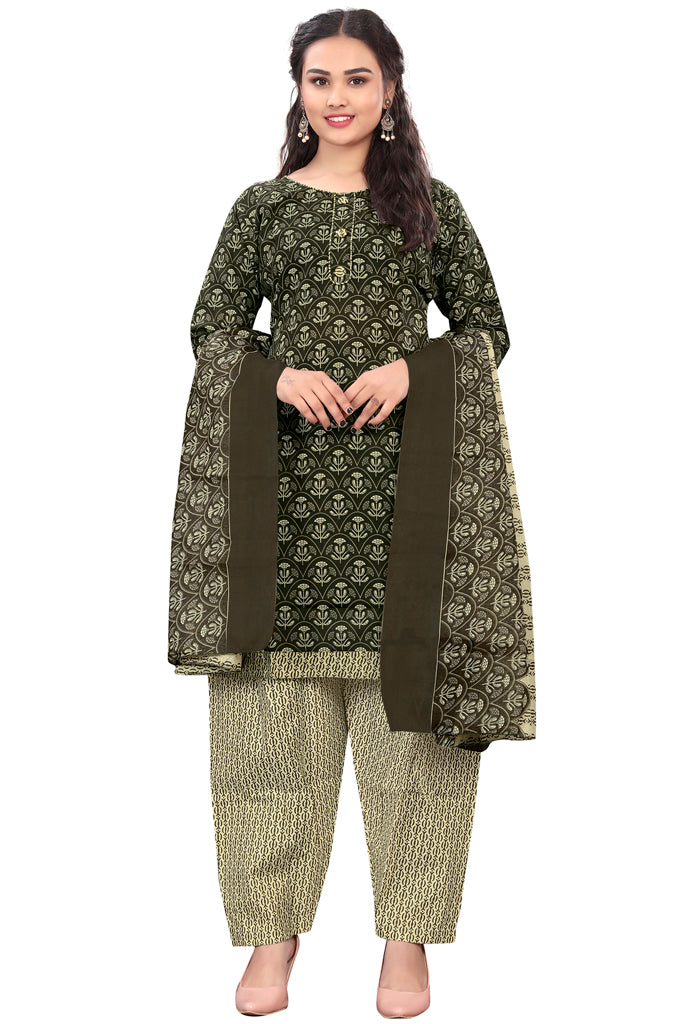 Mahendi Green & Beige Cotton Blend Printed Readymade Patiala Salwar Suit