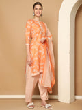 Light Orange & White Cotton Blend Printed Readymade Patiala Salwar Suit