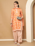Light Orange & White Cotton Blend Printed Readymade Patiala Salwar Suit