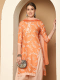 Light Orange & White Cotton Blend Printed Readymade Patiala Salwar Suit