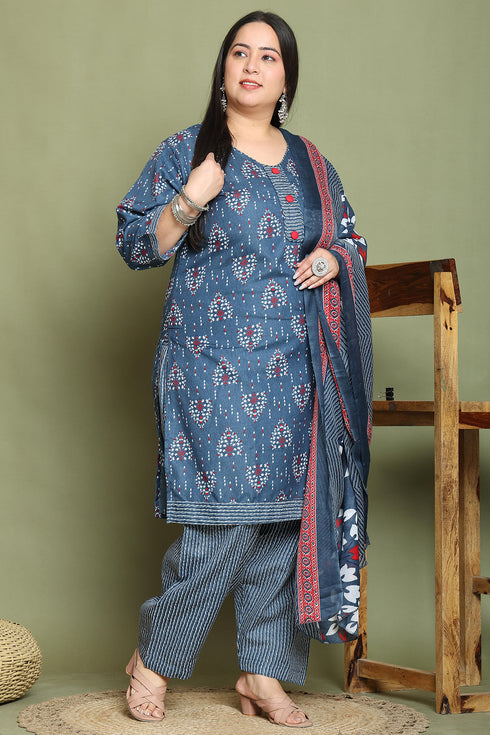 Grey & White Cotton Blend Printed Plus Size Ready to Wear Patiala Salwar Suit