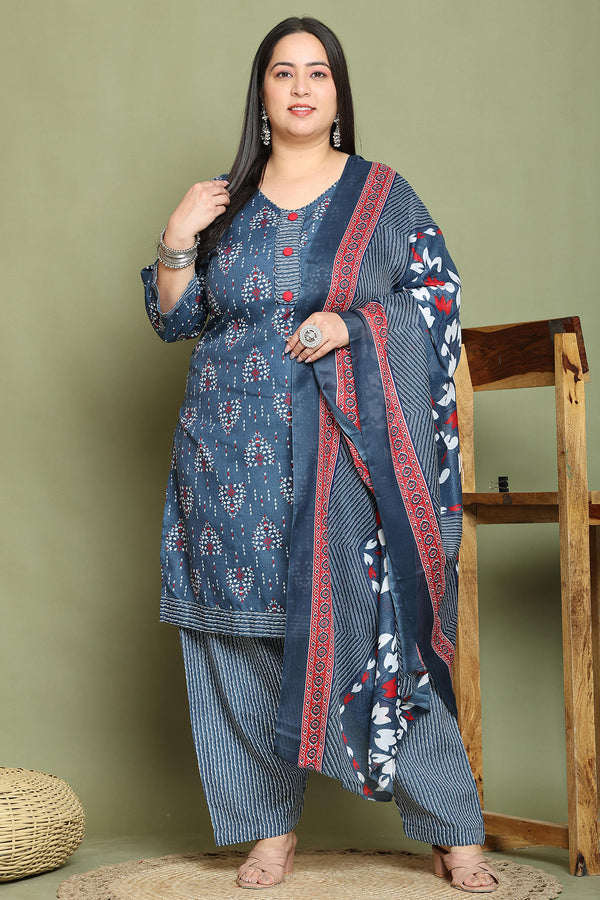 Grey & White Cotton Blend Printed Plus Size Ready to Wear Patiala Salwar Suit