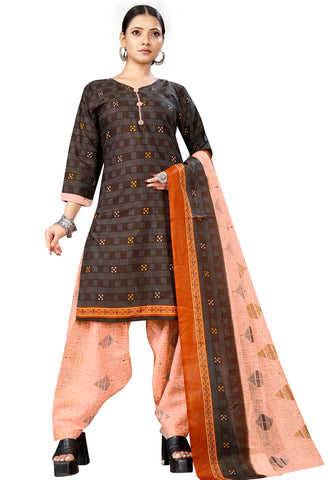 Brown  Cotton Blend Printed Readymade Patiala Salwar Suit