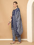 Navy Blue & Grey Cotton Blend Printed Readymade Patiala Salwar Suit
