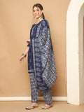 Navy Blue & Grey Cotton Blend Printed Readymade Patiala Salwar Suit