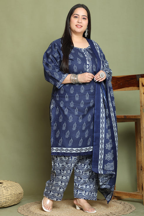 Navy Blue & Grey Cotton Blend Printed Plus Size Ready to Wear Patiala Salwar Suit