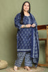 Navy Blue & Grey Cotton Blend Printed Plus Size Ready to Wear Patiala Salwar Suit