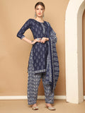 Navy Blue & Grey Cotton Blend Printed Readymade Patiala Salwar Suit