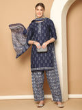 Navy Blue & Grey Cotton Blend Printed Readymade Patiala Salwar Suit