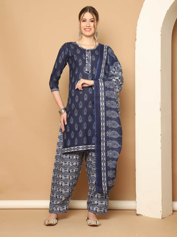 Navy Blue & Grey Cotton Blend Printed Readymade Patiala Salwar Suit