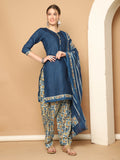 Royal Blue Cotton Blend Printed Readymade Patiala Salwar Suit