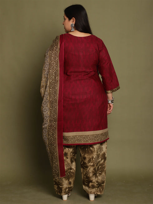 Wine Cotton Blend Printed Plus Size Ready to Wear Patiala Salwar Suit