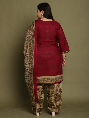 Wine Cotton Blend Printed Plus Size Ready to Wear Patiala Salwar Suit