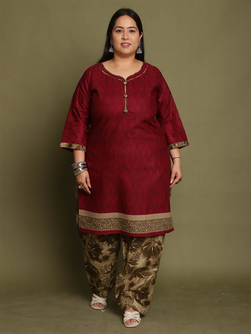 Wine Cotton Blend Printed Plus Size Ready to Wear Patiala Salwar Suit