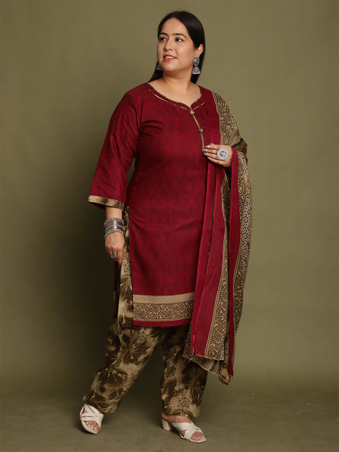 Wine Cotton Blend Printed Plus Size Ready to Wear Patiala Salwar Suit
