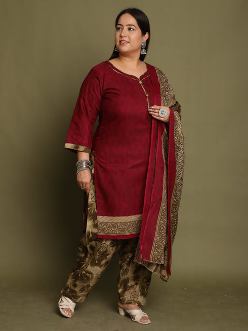 Wine Cotton Blend Printed Ready to Wear Patiala Salwar Suit