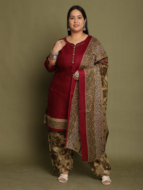 Wine Cotton Blend Printed Plus Size Ready to Wear Patiala Salwar Suit
