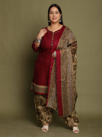 Wine Cotton Blend Printed Plus Size Ready to Wear Patiala Salwar Suit