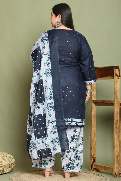 Navy Blue Cotton Blend Printed Plus Size Ready to Wear Patiala Salwar Suit