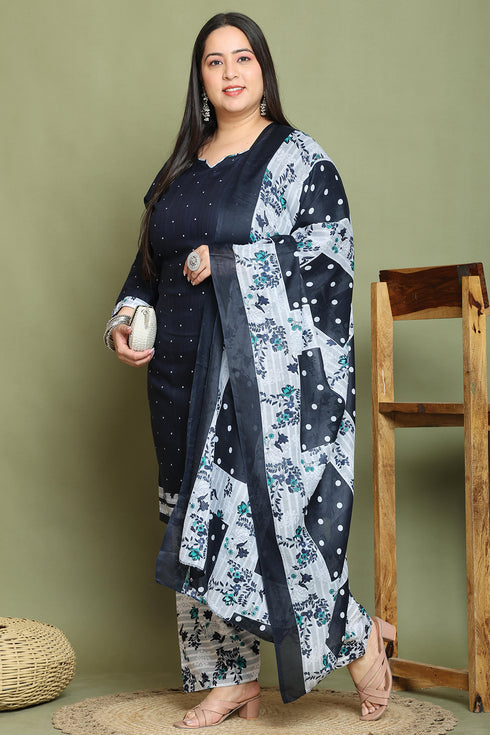 Navy Blue Cotton Blend Printed Plus Size Ready to Wear Patiala Salwar Suit