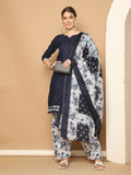 Navy Blue  Cotton Blend Printed Readymade Patiala Salwar Suit