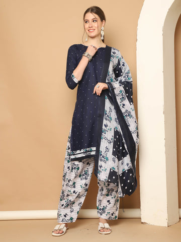 Navy Blue  Cotton Blend Printed Readymade Patiala Salwar Suit