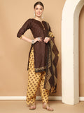 Brown Cotton Blend Printed Readymade Patiala Salwar Suit