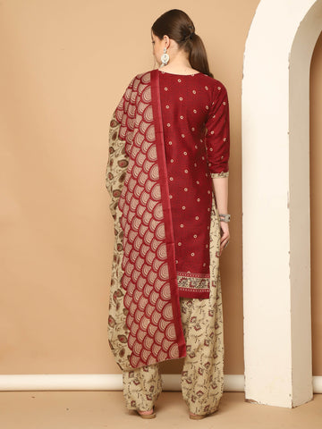 Maroon Cotton Blend Printed Readymade Patiala Salwar Suit