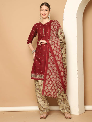 Maroon Cotton Blend Printed Readymade Patiala Salwar Suit