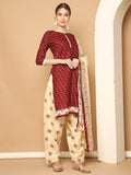Maroon Cotton Blend Printed Readymade Patiala Salwar Suit