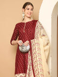 Maroon Cotton Blend Printed Readymade Patiala Salwar Suit