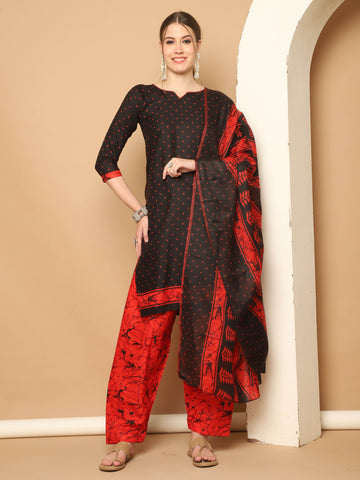 Black Cotton Blend Printed Readymade Patiala Salwar Suit