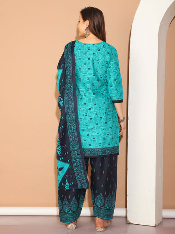Rama Green Cotton Blend Printed Plus Size Ready to Wear Patiala Salwar Suit