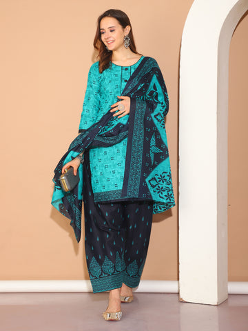 Rama Green Cotton Blend Printed Readymade Patiala Salwar Suit