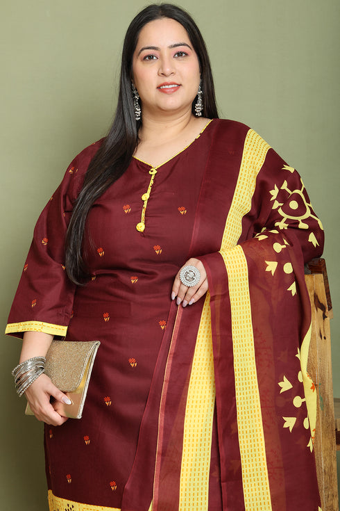 Maroon Cotton Blend Printed Plus Size Ready to Wear Patiala Salwar Suit