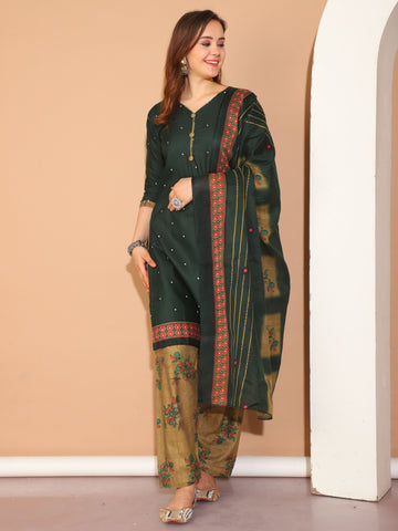 Green Cotton Blend Printed Readymade Patiala Salwar Suit