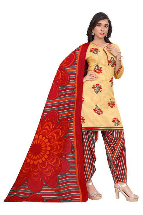 Cream Cotton Blend Printed Ready to Wear Patiala Salwar Suit