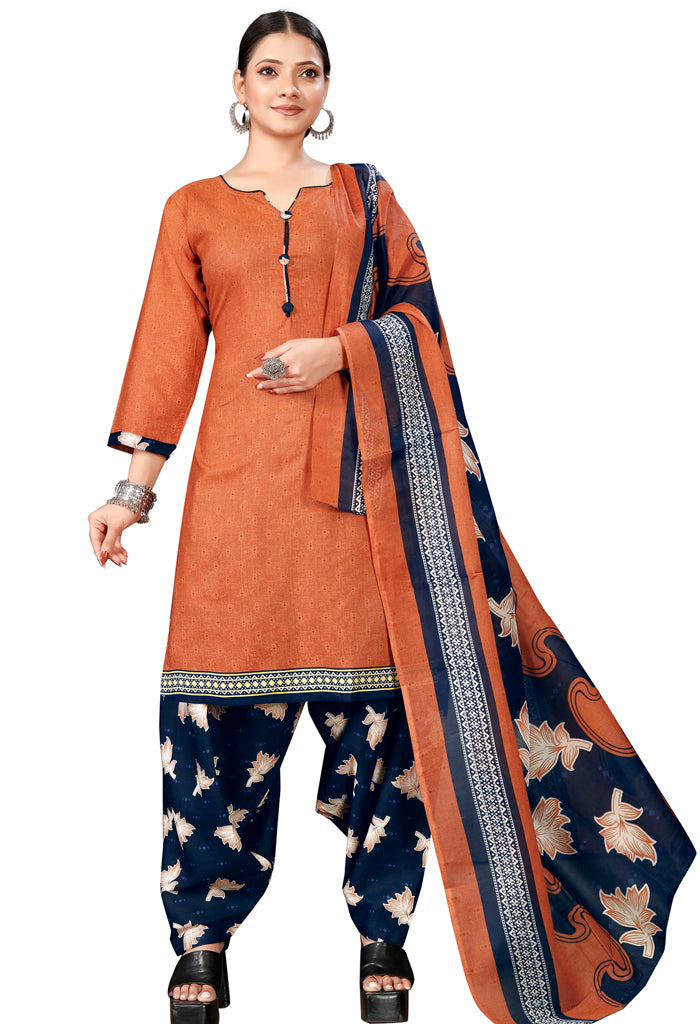 Light Orange Cotton Blend Printed Readymade Patiala Salwar Suit