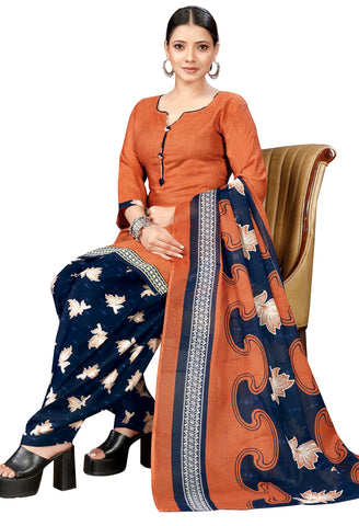 Light Orange Cotton Blend Printed Readymade Patiala Salwar Suit