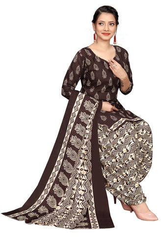 Brown Cotton Blend Printed Readymade Patiala Salwar Suit