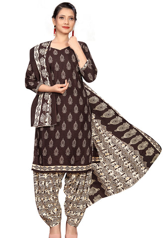 Brown Cotton Blend Printed Readymade Patiala Salwar Suit